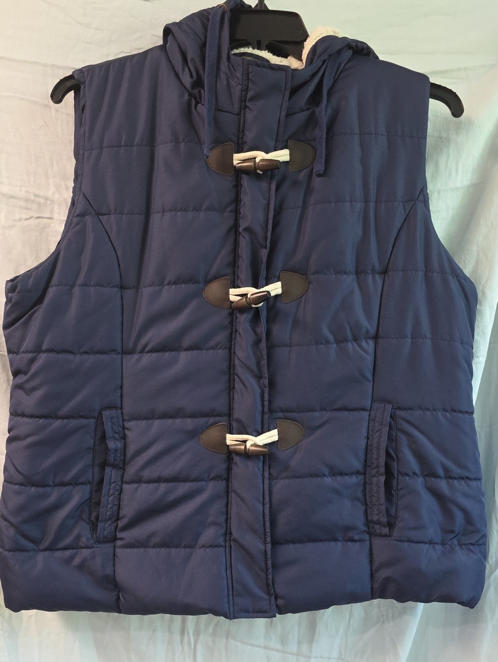 LISA International XL Dark Blue Quilted Puffer Vest | Sherpa-Lined Hooded